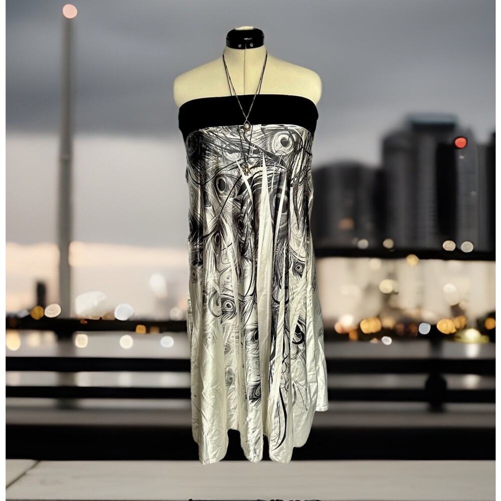 Satin Peacock Fairy Feather Whimsigoth Strapless Witchy Dress/Maxi Skirt L